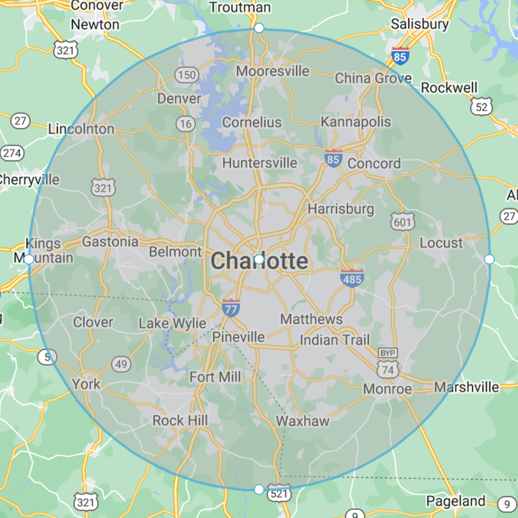Charlotte metro service area map for kitchen cabinet remodeling